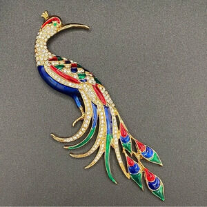 Colorful Bird Brooch In Blue, Red, Green Enamel and Sparkly  Rhinestones in Gold